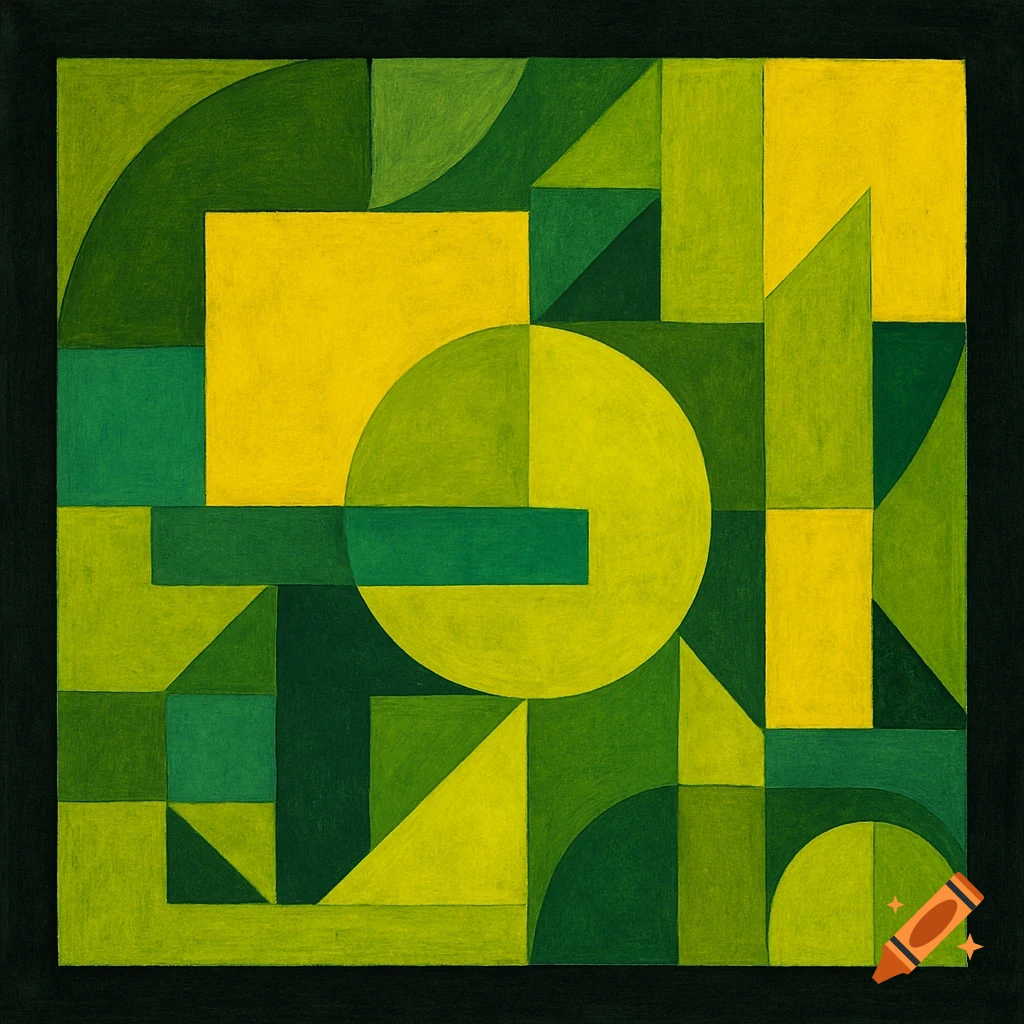 Abstract geometric composition of yellow and green shapes with a black border.