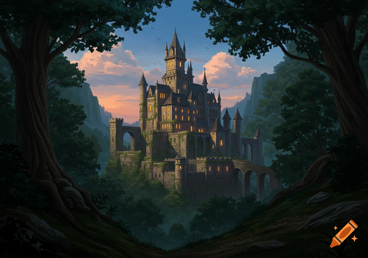 A large fantasy castle nestled in a forest valley at sunset.