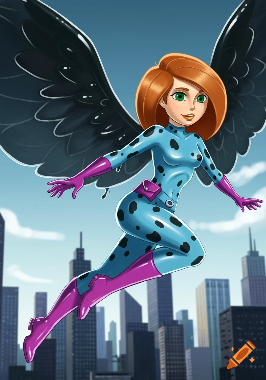 Cartoon woman with red hair, black wings, and a blue spotted suit flies over a city.