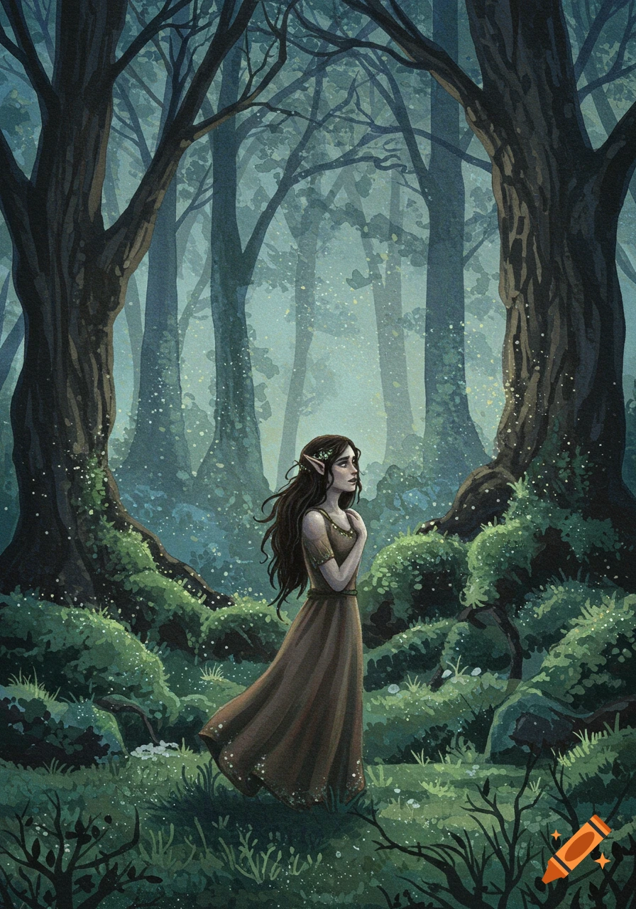 Watercolor painting of an elf woman in a dark forest.