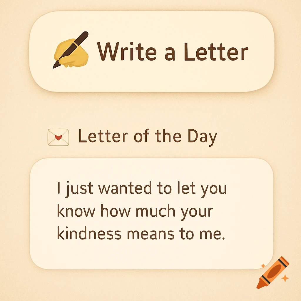 Graphic with hand writing icon, envelope icon, and text 'Write a Letter' and a message.