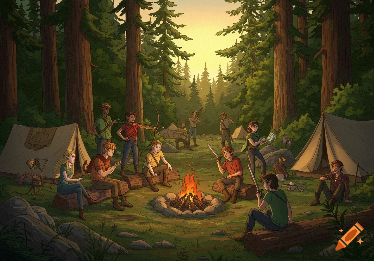 Young adventurers camping around a campfire in a forest at dusk