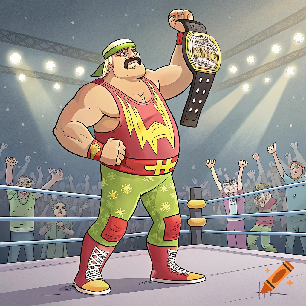 Cartoon wrestler resembling Peter Griffin as Hulk Hogan holding a championship belt in a ring with a cheering crowd.