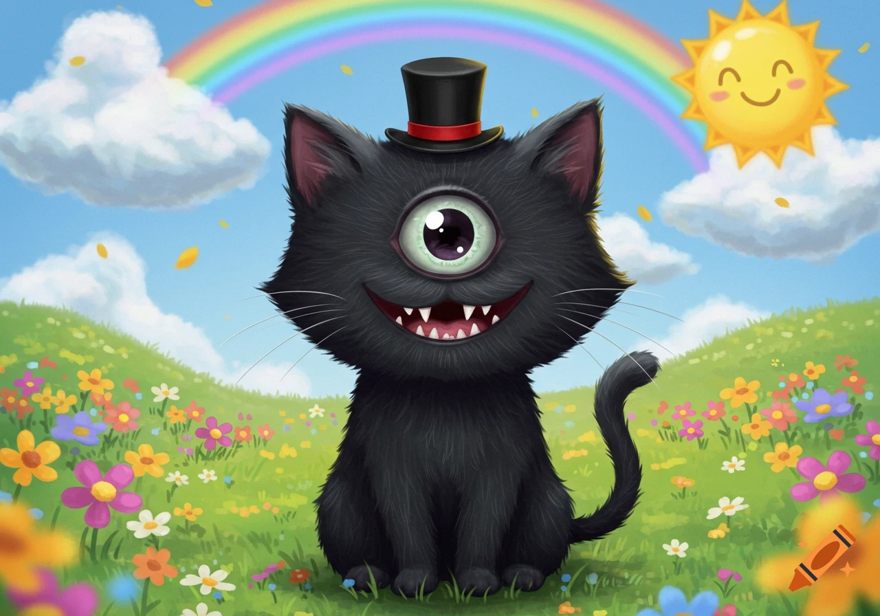 a one-eyed black cat with sharp teeth and a top hat sitting on a flowery hill under a rainbow and smiling sun.