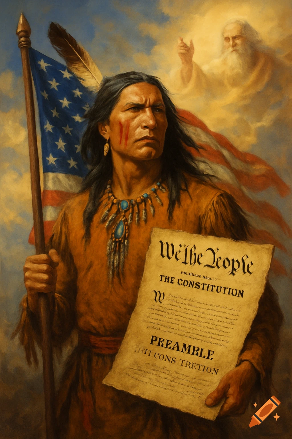 A Native American holds the US flag and a document, with a figure in the clouds.