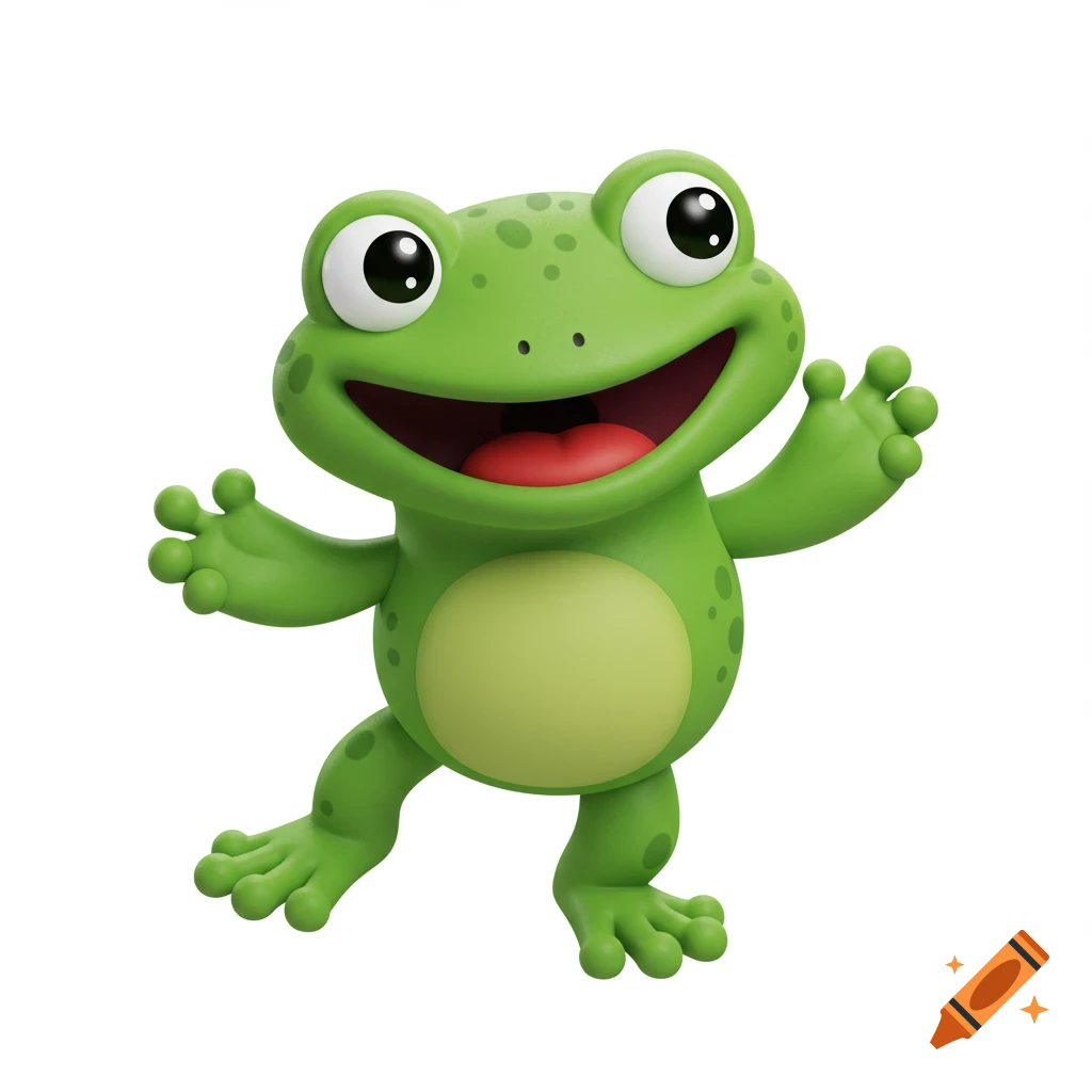 A happy green cartoon frog character is waving.