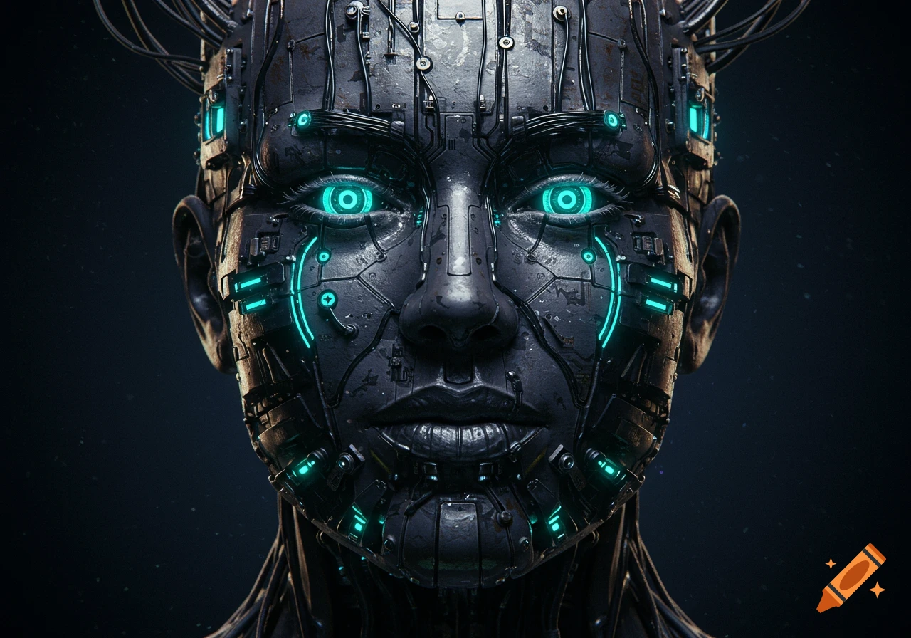 Close-up of a cyborg face made of dark metal, wires, and glowing blue lights.