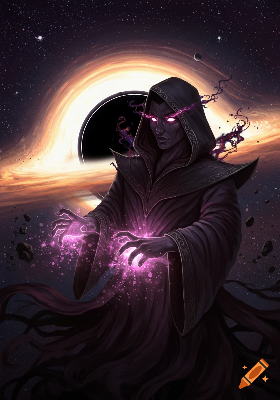 A robed mage with glowing hands casts a spell before a black hole in space.