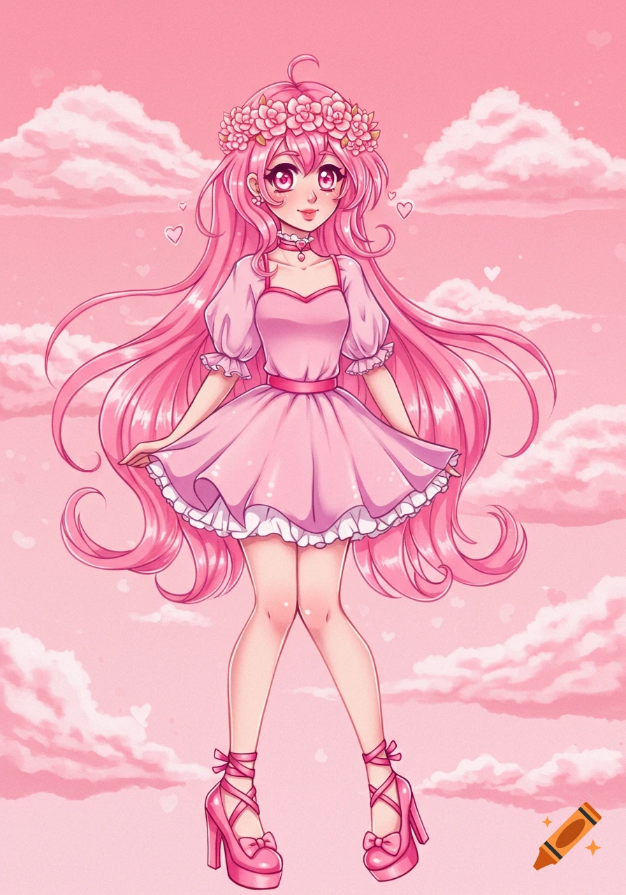 Anime girl with long pink hair, flower crown, pink dress, and pink platform shoes standing in pink clouds.