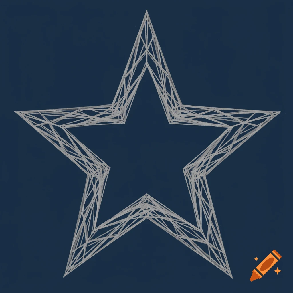 Abstract white star outline made of woven lines on a dark blue background.