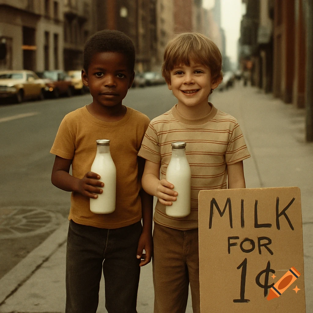 Two young boys hold bottles of milk next to a sign on a city street in a vintage 70s photo.