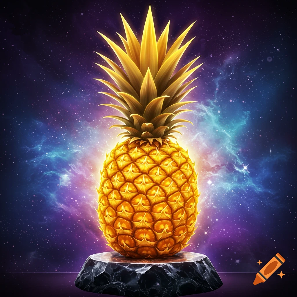 A glowing golden pineapple sits on a rock base, set against a vibrant purple and blue cosmic background with stars and nebulae.