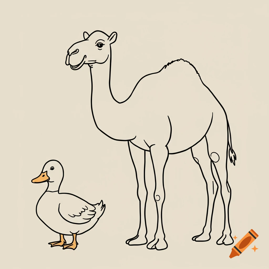 Line drawing of a duck next to a camel.