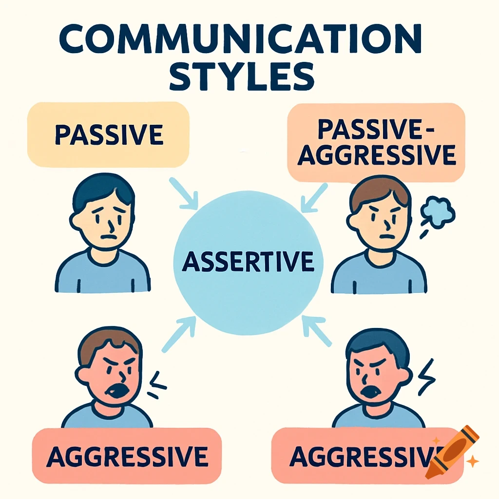 Diagram illustrating communication styles: passive, passive-aggressive, aggressive, and assertive.
