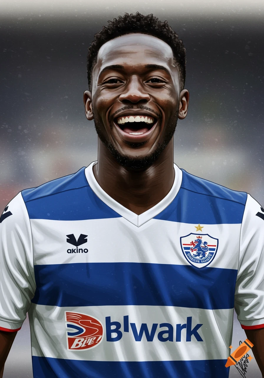 Portrait of a smiling Black man in a blue and white striped soccer jersey.