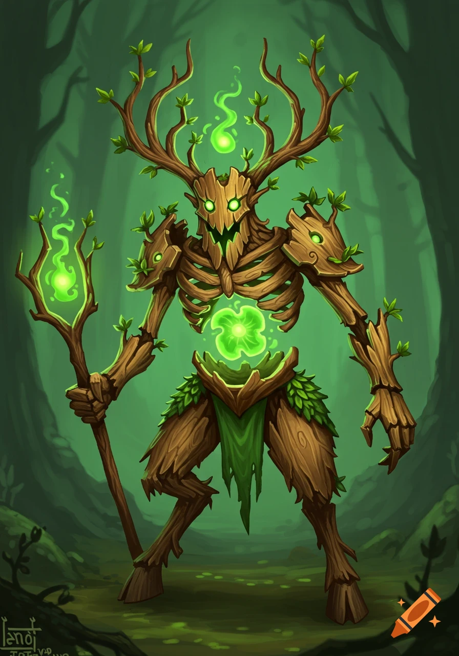 A treant-like fantasy druid with a wooden body, glowing green features, and a staff, standing in a forest.