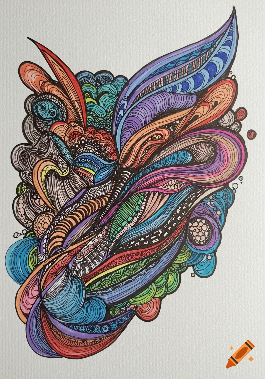 An abstract drawing with intricate patterns and vibrant colors.