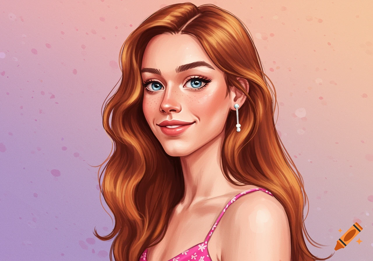 A young woman with long red hair and blue eyes wears a pink floral dress.