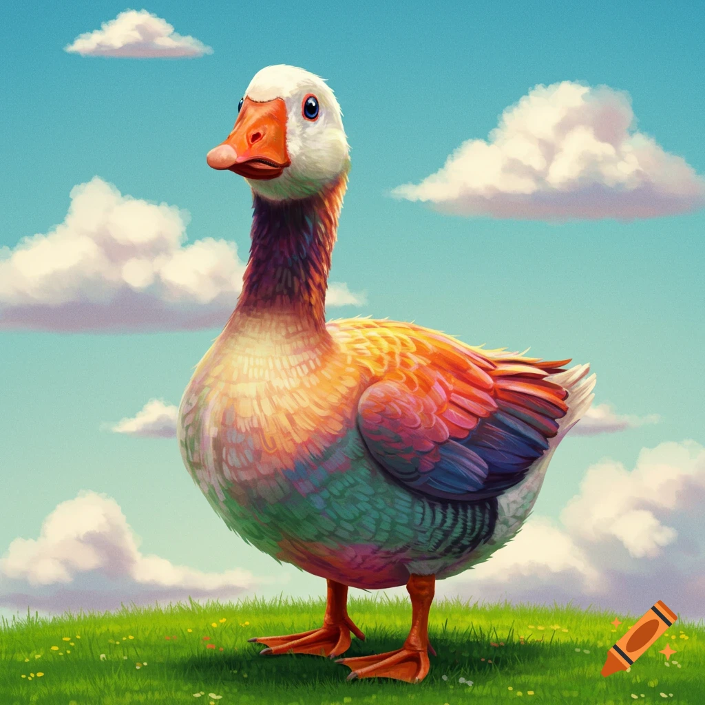 A colorful goose standing on grass under a cloudy sky.