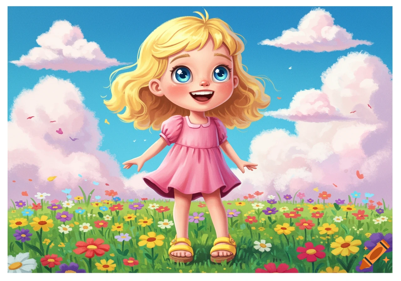 A cartoon illustration of a young blonde girl in a pink dress standing in a field of colorful flowers under a cloudy sky.