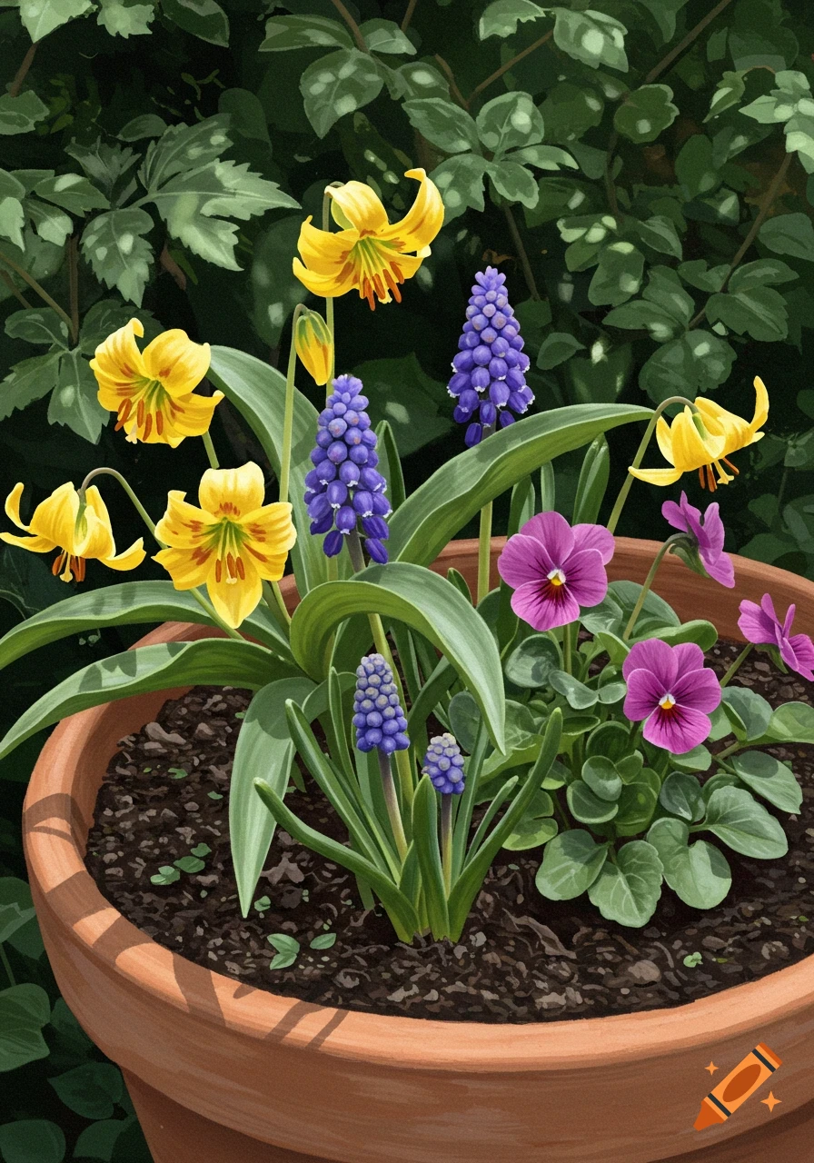 A pot of flowers, including yellow lilies, purple grape hyacinths, and pink pansies.
