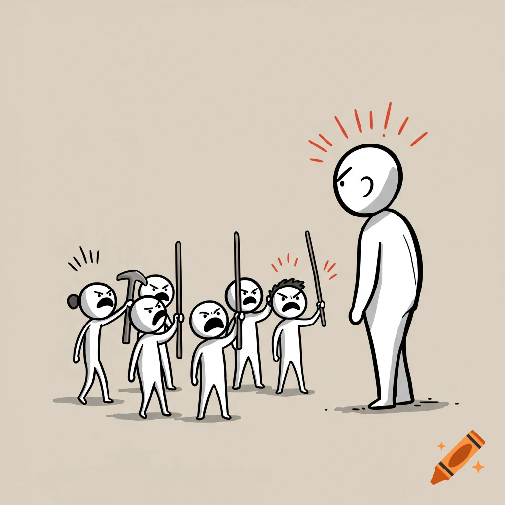 Simple illustration of a crowd of angry stick figures with sticks and tools facing a larger stick figure with red exclamation marks above its head.