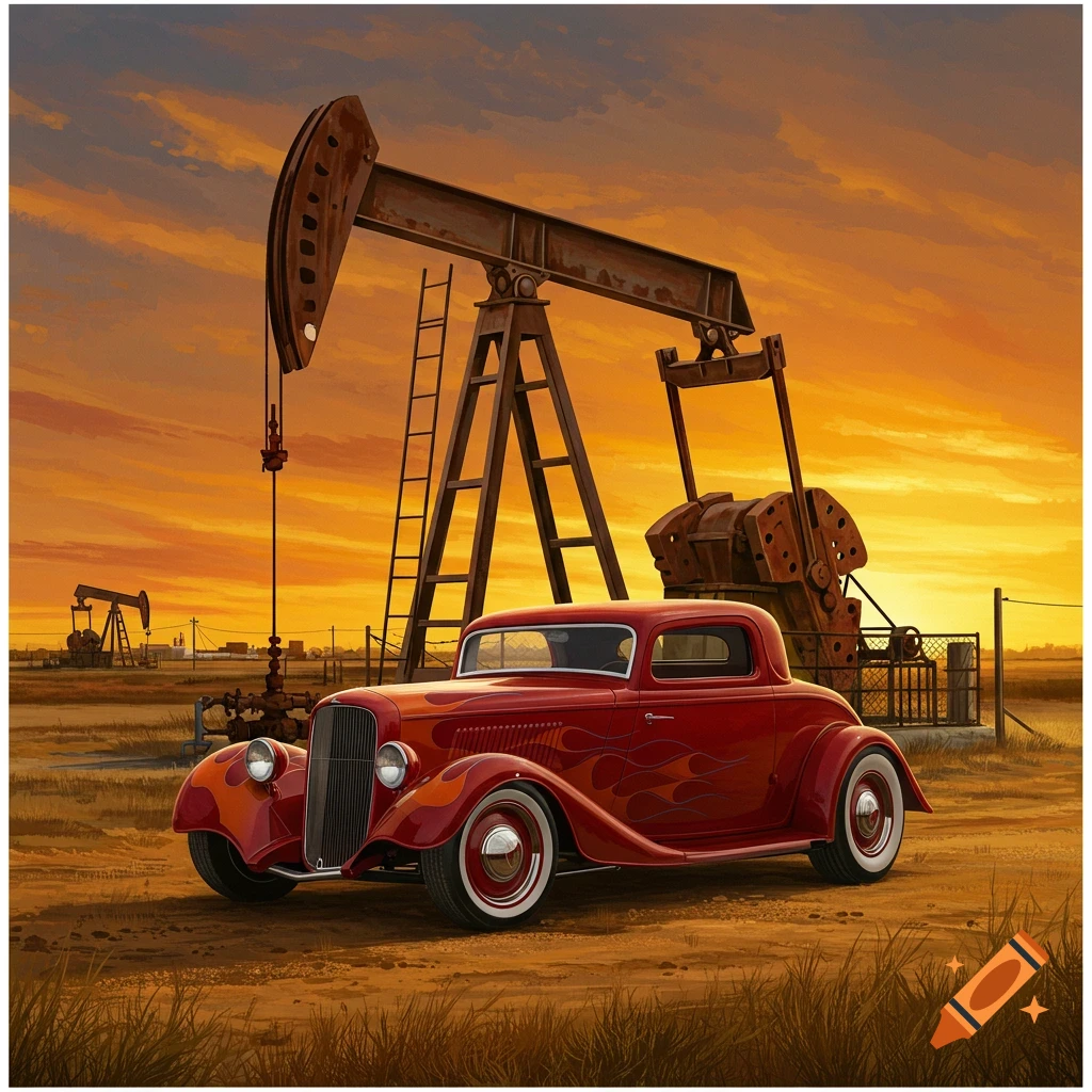A red hot rod car in front of an oil pump jack at sunset.