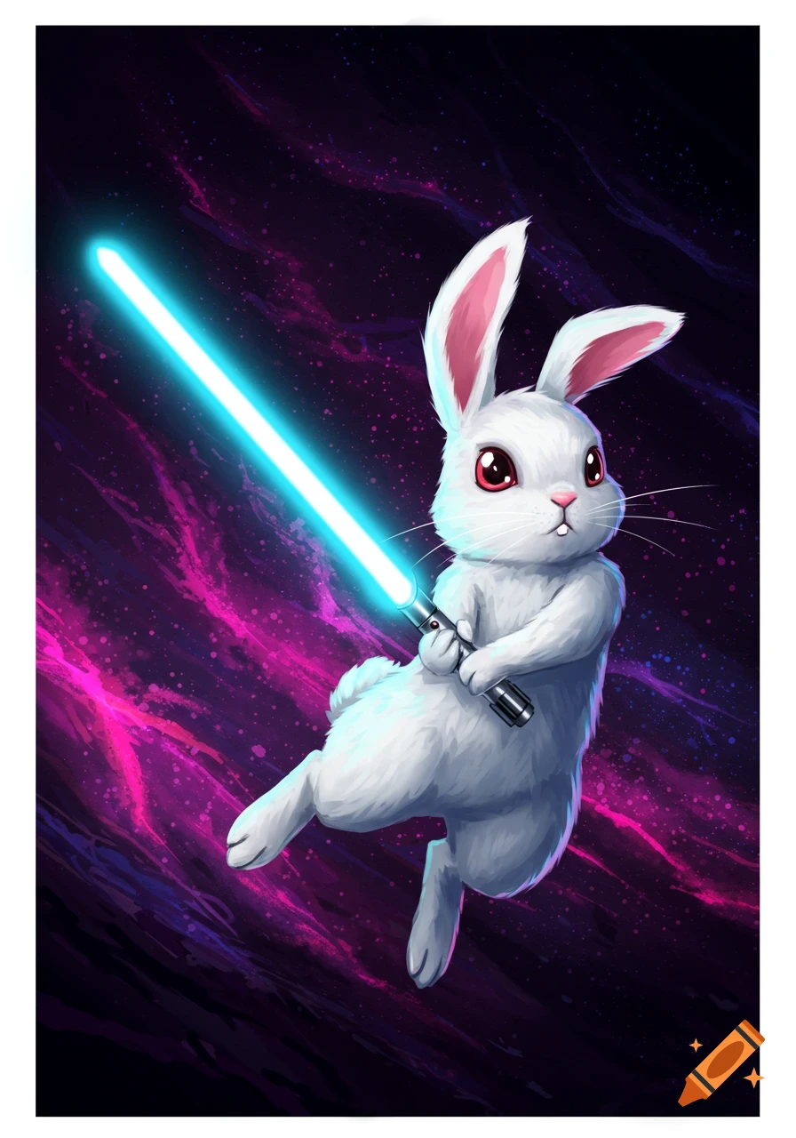 A white rabbit holding a blue lightsaber in space with a purple nebulous background.