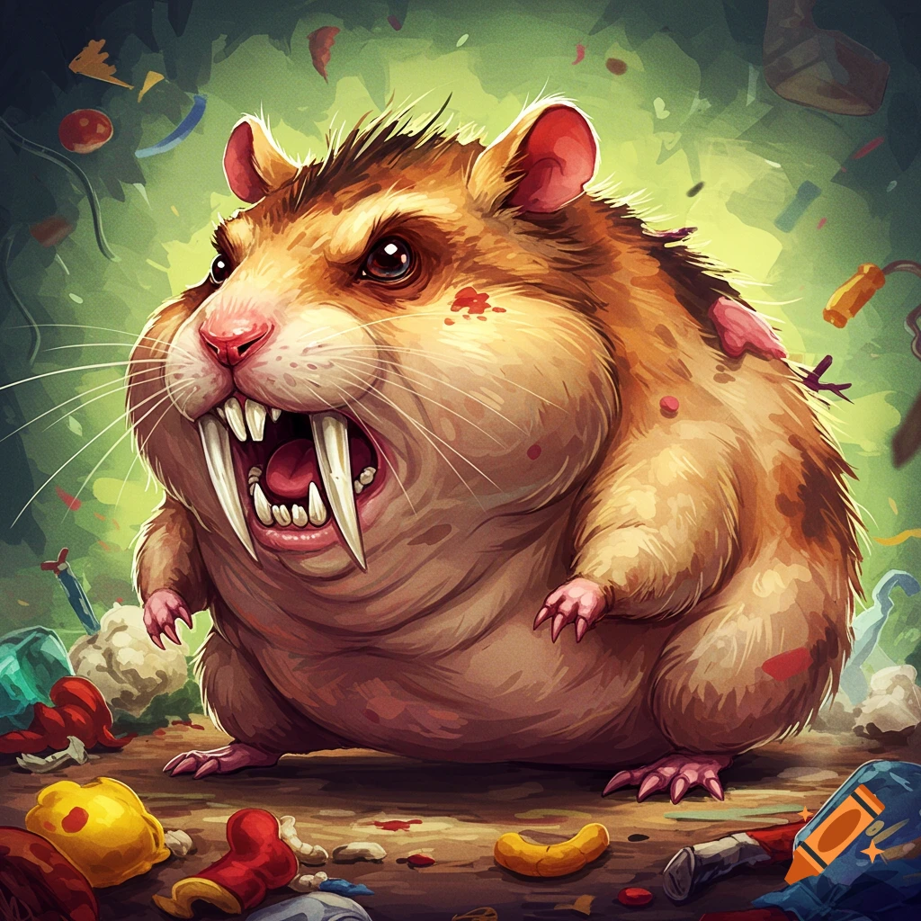 A ferocious, saber-toothed hamster stands amidst trash.