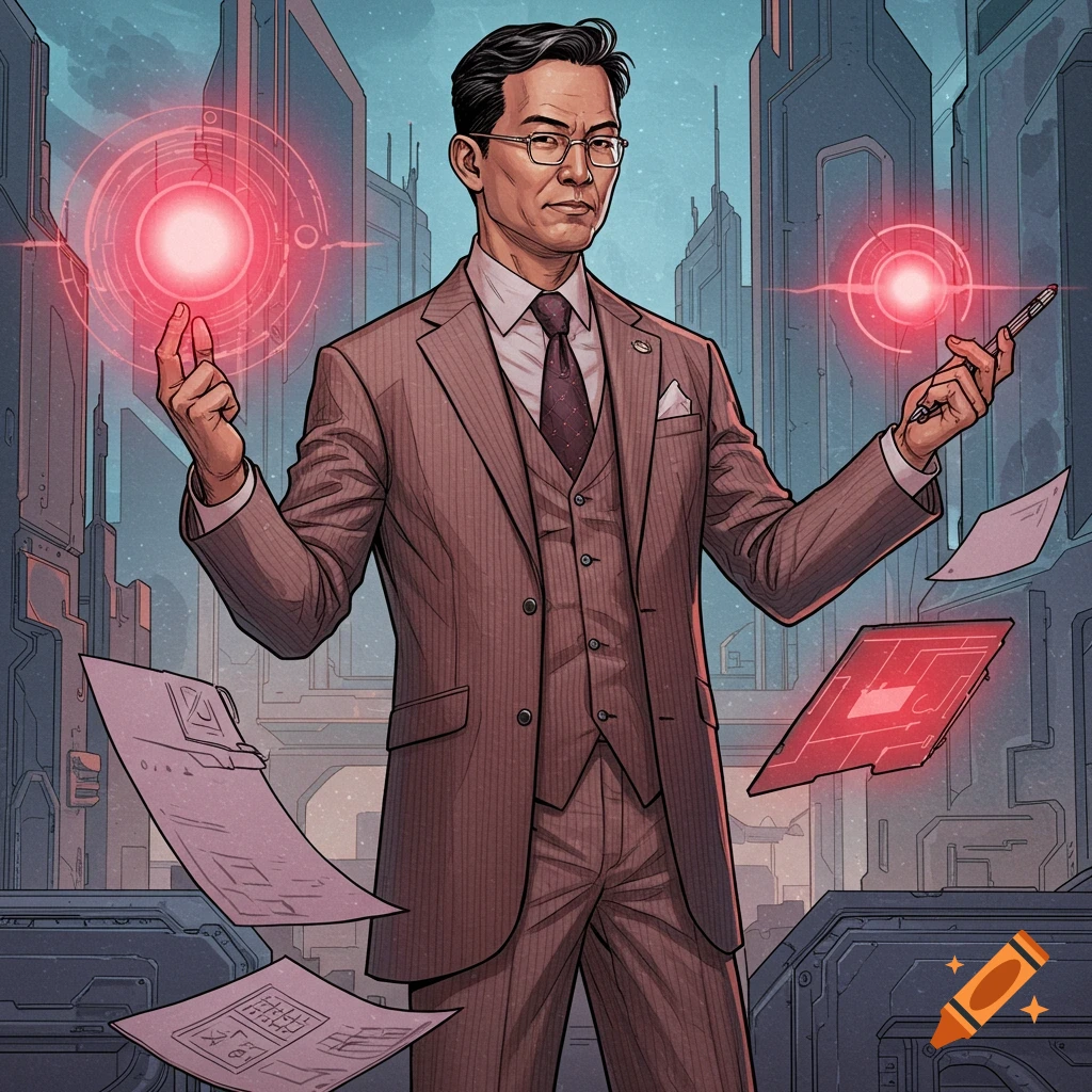 Illustration of a man in a suit holding glowing orbs in a futuristic city.