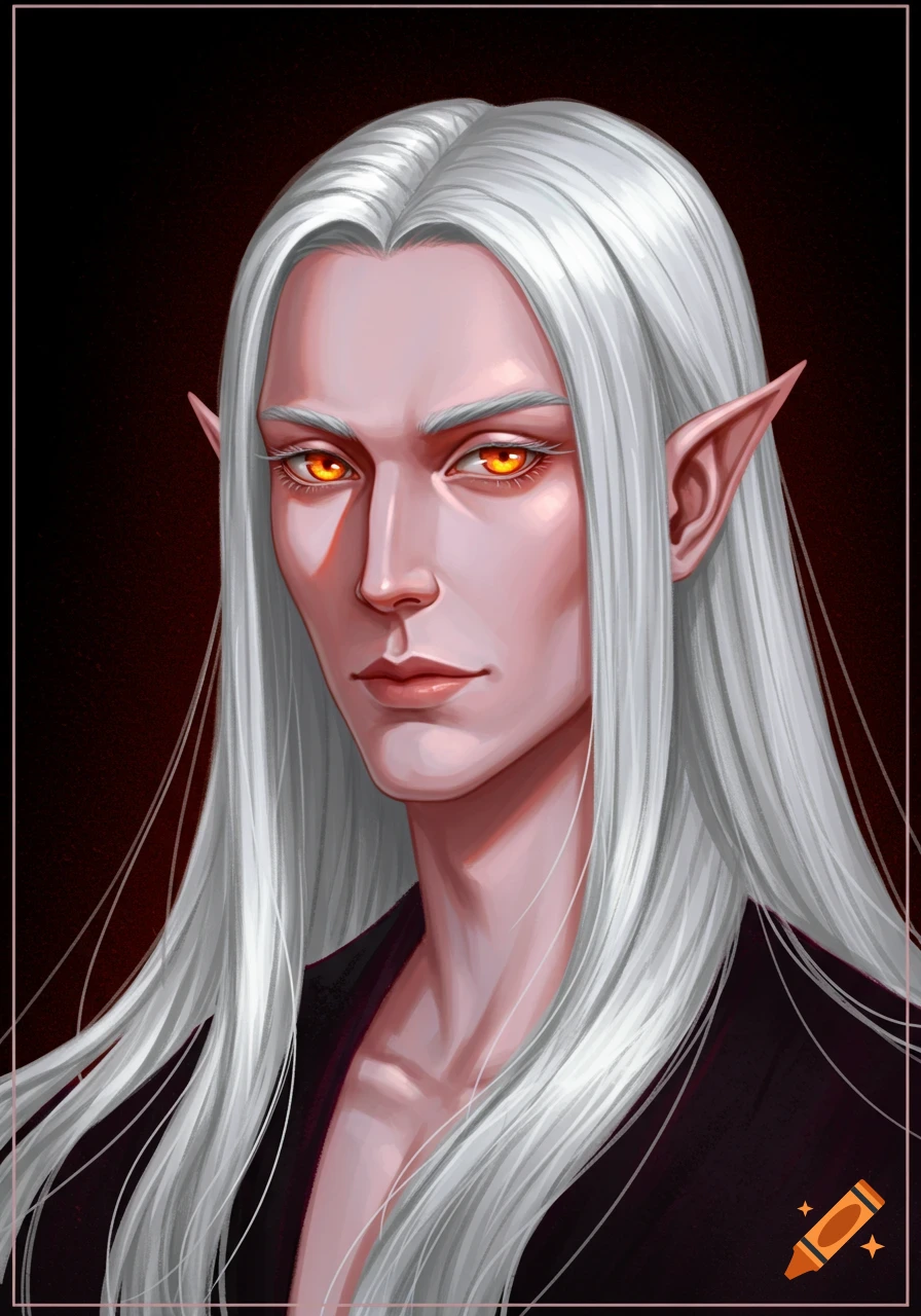A portrait of a fantasy character with long white hair, pointy ears, and glowing orange eyes.