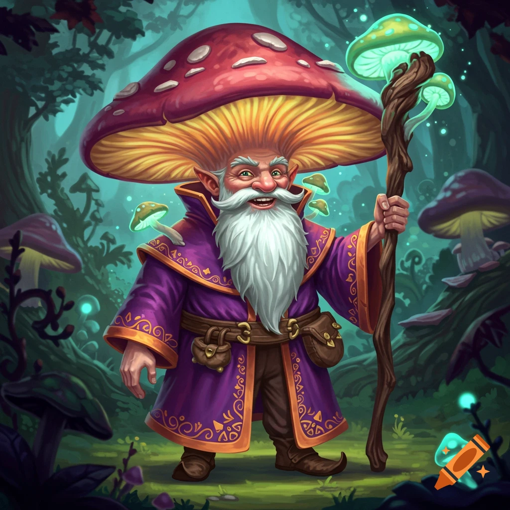 A fantasy image of a wizard with a mushroom cap for a head, wearing a purple robe and holding a staff in a forest.