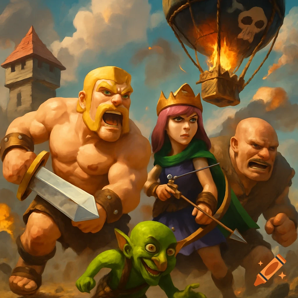 Clash of Clans characters Barbarian, Archer Queen, Goblin, and Giant in a battle scene