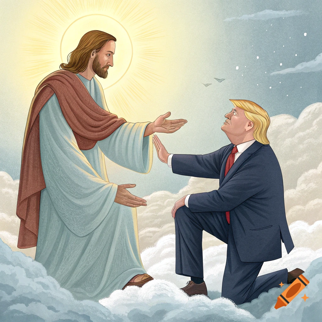 Illustration of Jesus Christ reaching out to Donald Trump kneeling in the clouds.