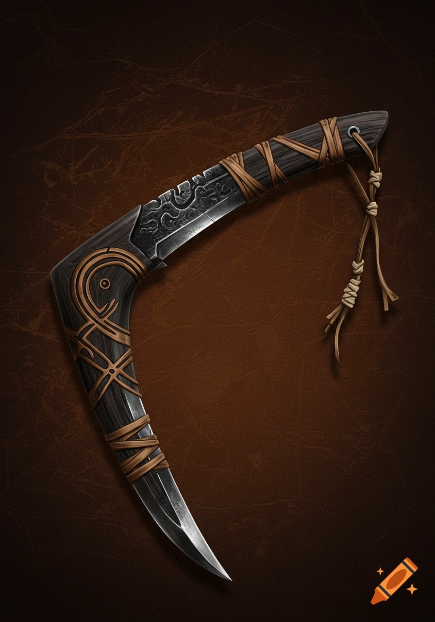A stylized bladed hunting boomerang knife made of dark wood and metal with leather wrapping.