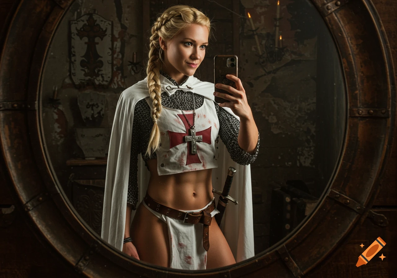 A fit blonde woman in revealing Templar knight cosplay takes a mirror selfie in a medieval room.