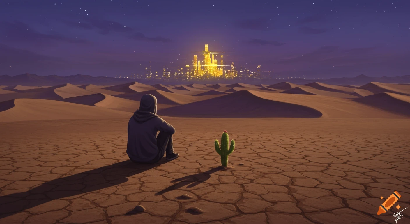 A person sits in a cracked desert landscape, looking towards a hazy, glowing city on the horizon under a starry purple sky.