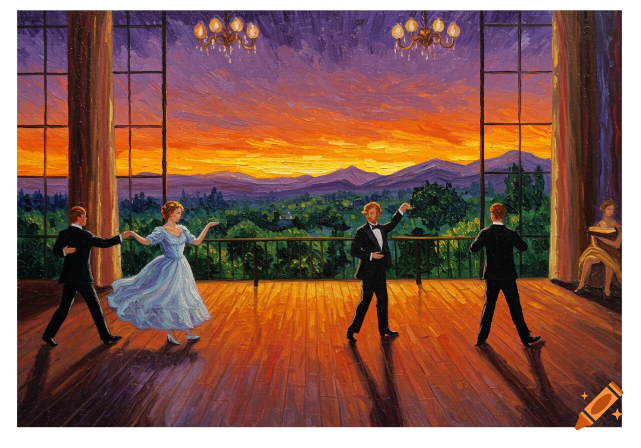 Painting of people dancing in a ballroom overlooking a colorful sunset landscape.