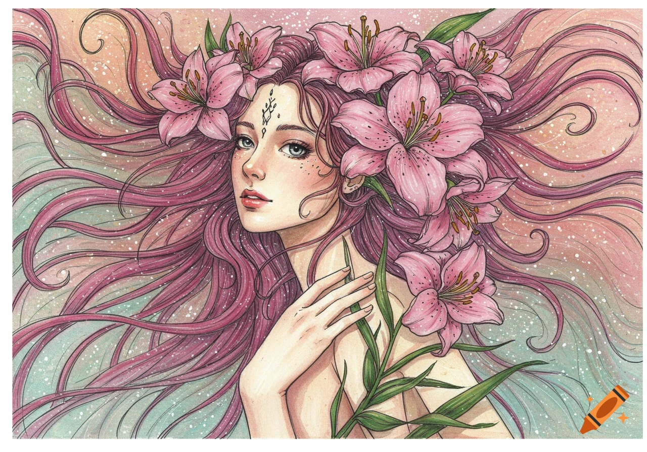Illustration of a woman with pink hair and lilies in her hair in a watercolor style.