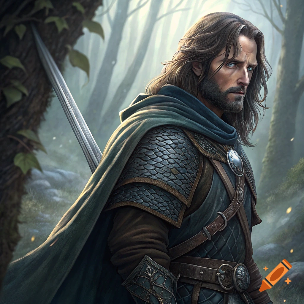 A man in fantasy armor holding a sword in a forest.