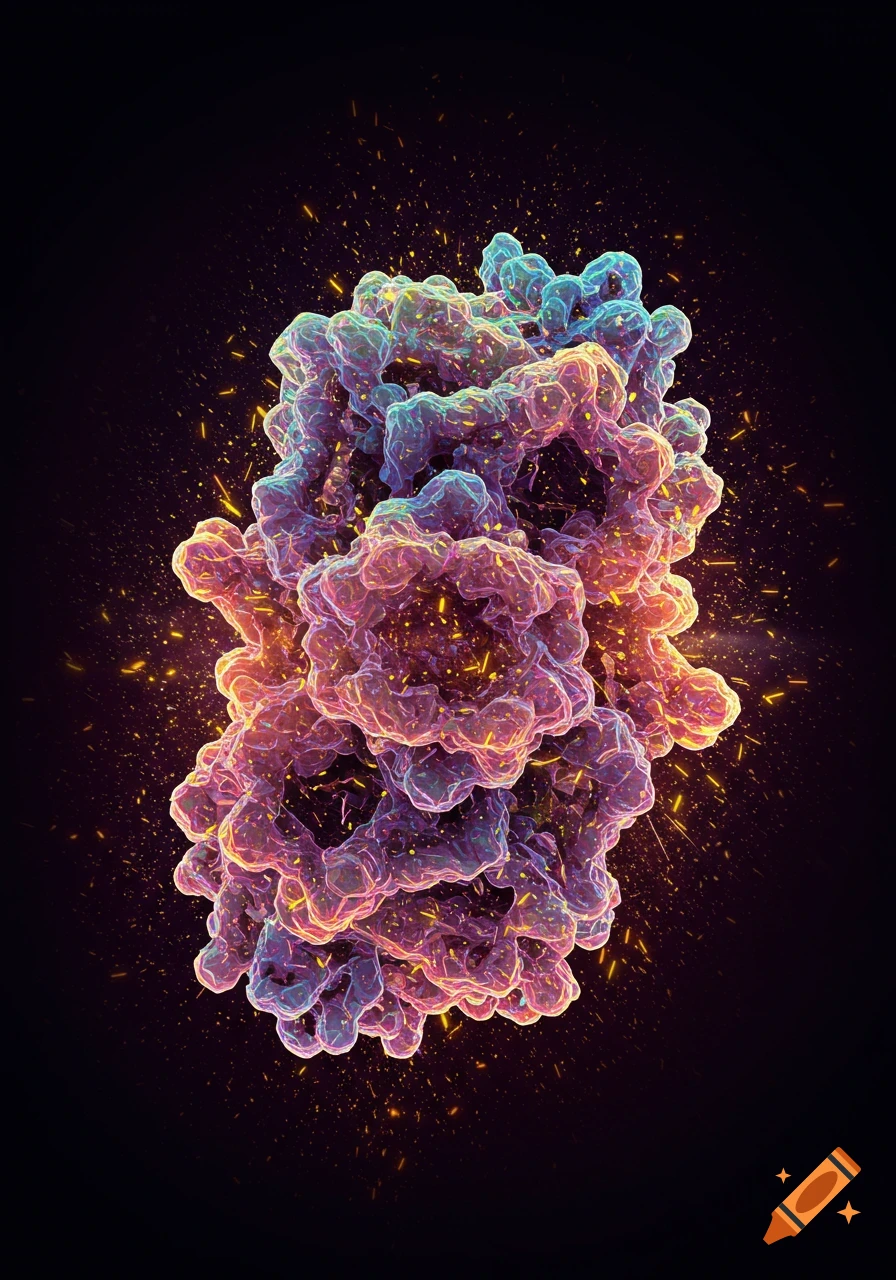 A colorful, complex abstract digital rendering of a particle or virus-like structure surrounded by glowing sparks on a dark background.