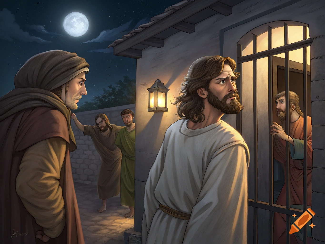 Illustration of men in historical clothes at night, one looking at a figure through prison bars, in an anime style.