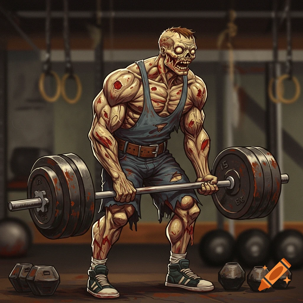 Illustration of a muscular zombie lifting a barbell in a gym.