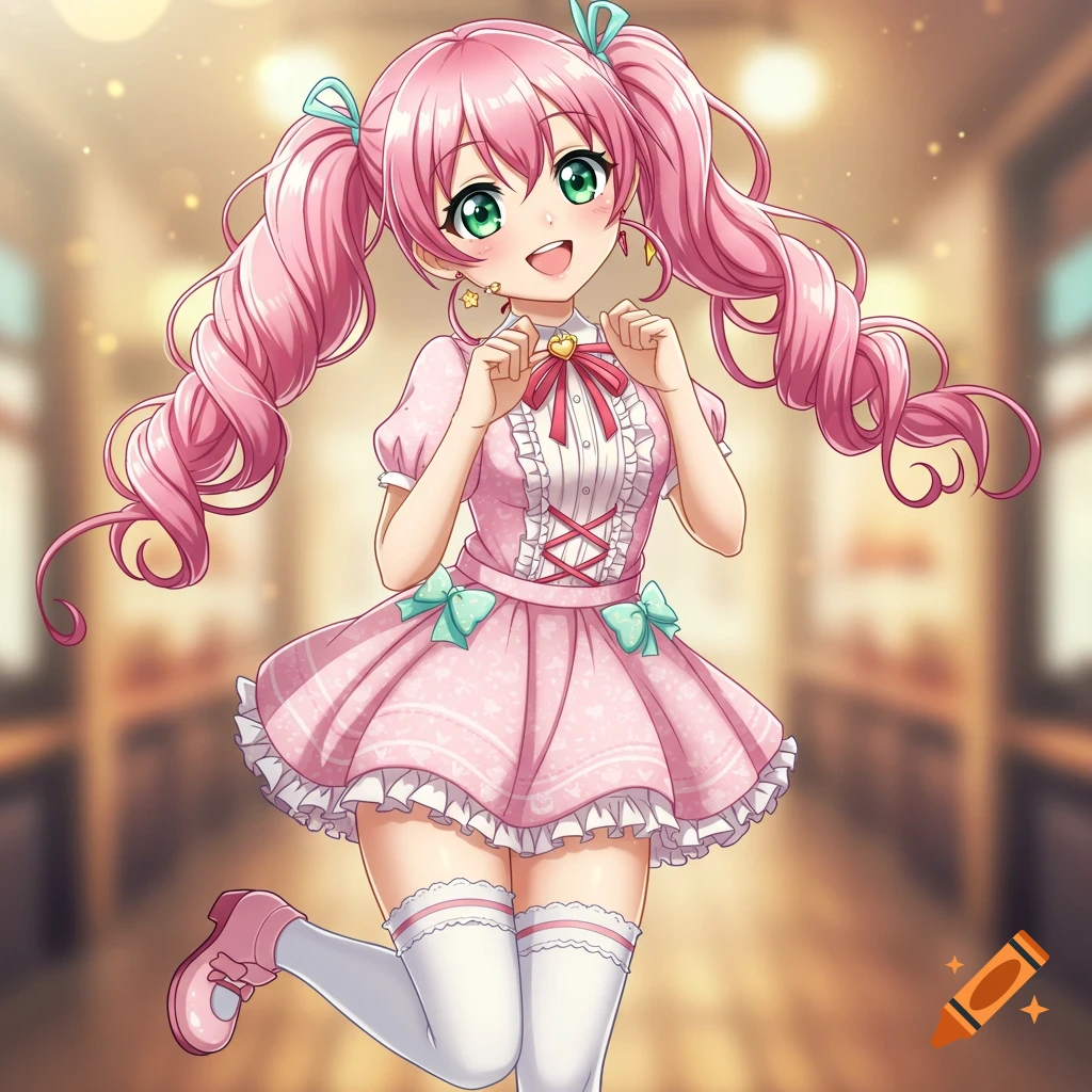 Cute anime girl with pink pigtails and green eyes in a pink frilly dress, jumping.