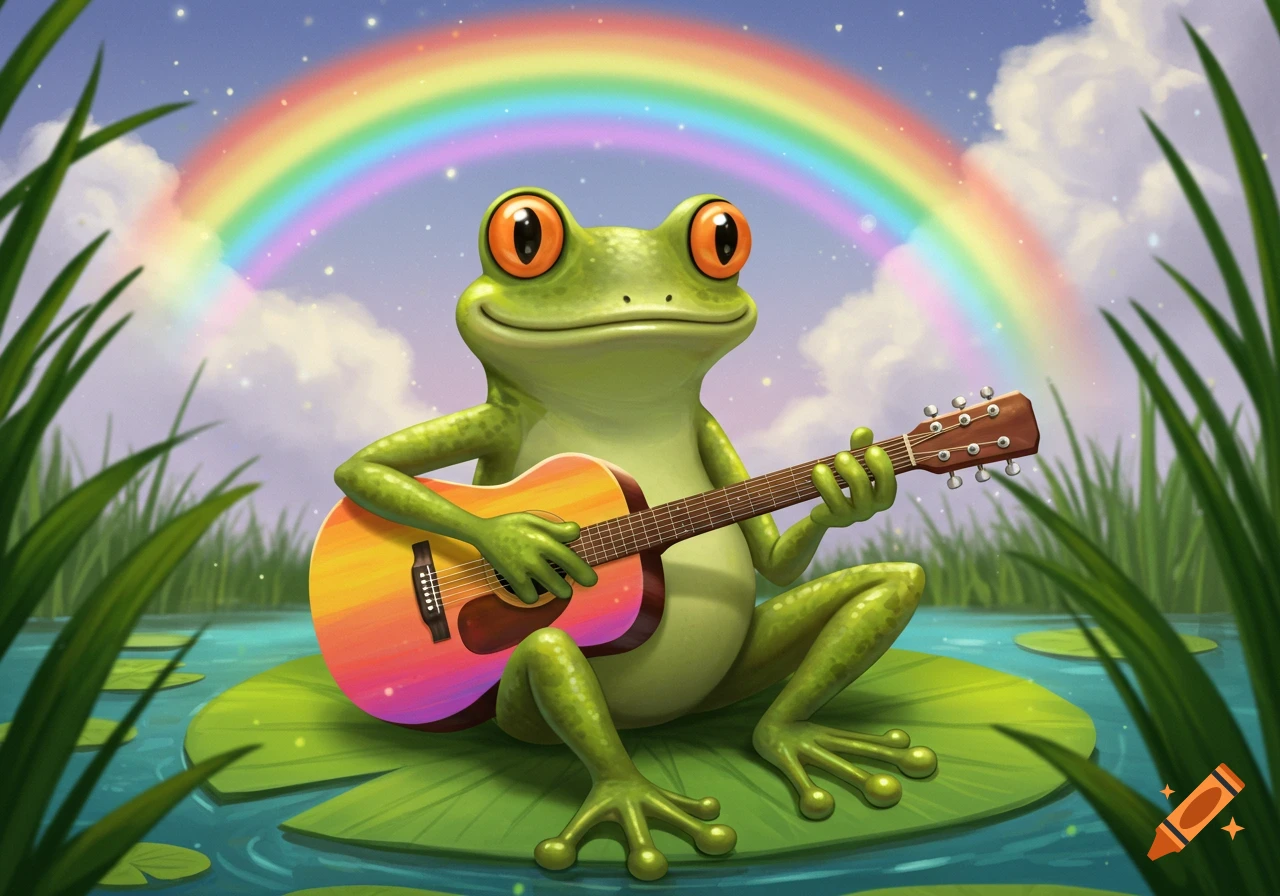 A cartoon frog sits on a lily pad playing a guitar under a rainbow.