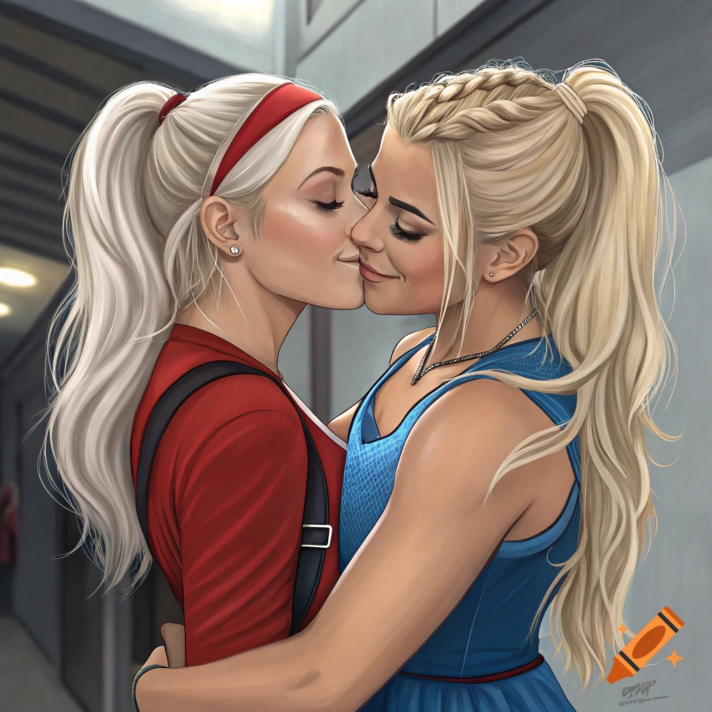 Two blonde women are kissing