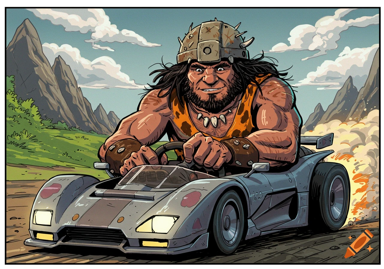 A cartoon caveman in a racecar speeds through a prehistoric landscape.