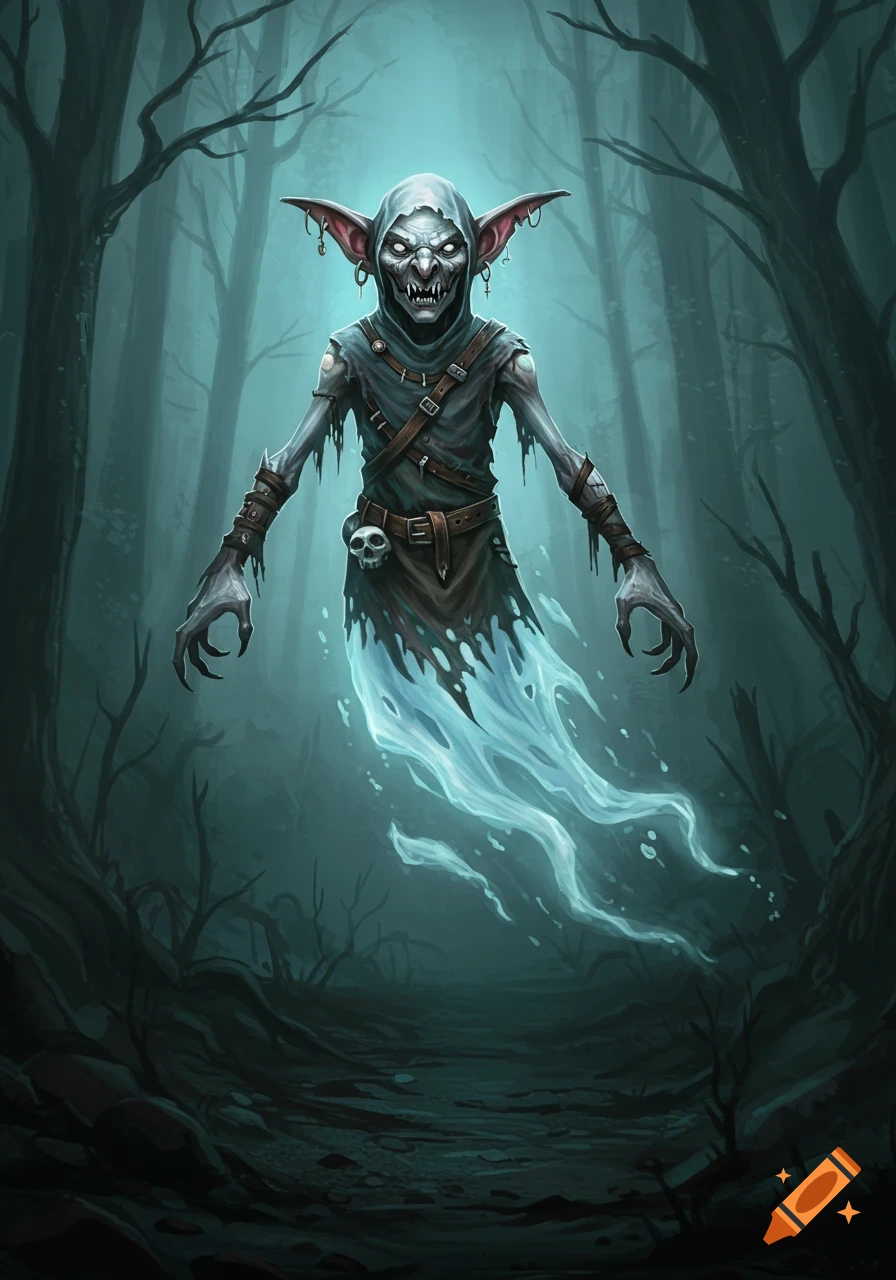 A ghostly goblin creature floats in a dark forest.