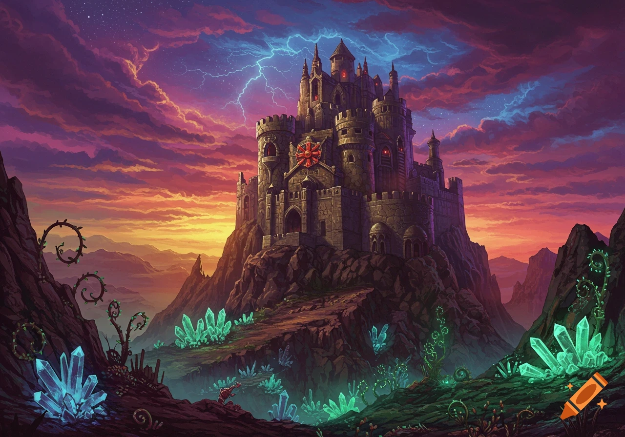 A large, dark fantasy castle atop a rocky hill under a dramatic, lightning-filled sunset sky. Glowing crystals are scattered in the foreground.