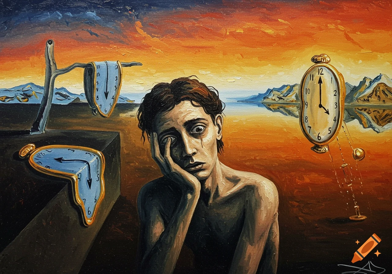 Surrealist oil painting with melting clocks, a figure, and landscape in Dali's style.